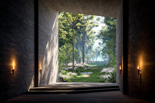 3d render of a minimalist concrete interior opening to a lush forest garden with soft sunlight