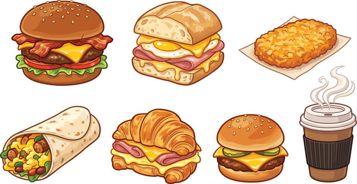 Fast food breakfast menu set, burger burrito hashbrown and coffee vector illustration