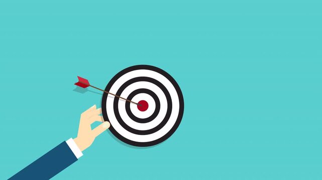 Business Target Goal Success Animation with Arrow Hitting Bullseye Strategic Achievement Concept