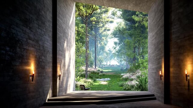 3d animation render of a minimalist concrete interior opening to a lush forest garden with soft sunlight, creating a serene architectural space blending modern design and natural landscape.