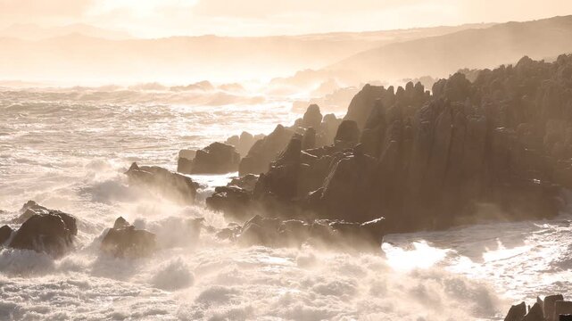 magnificent rocky coastline and waves, DeKelders, South Africa early morning