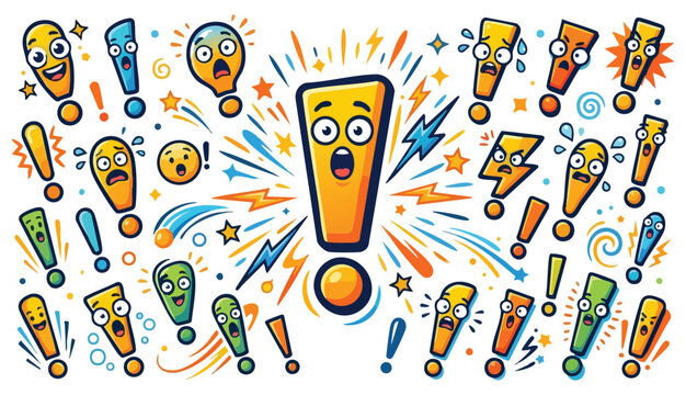 Emphasized exclamation icon. Surprise. Dynamic exclamation marks with various expressions on white background. vector