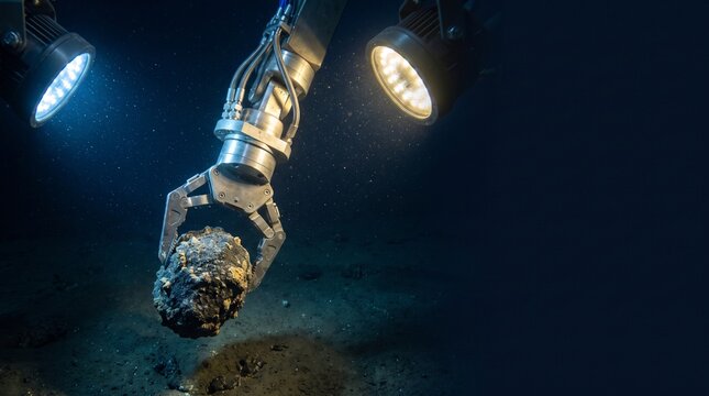 Underwater robotic arm retrieves valuable mineral nodule from the dark ocean floor for deep-sea mining exploration