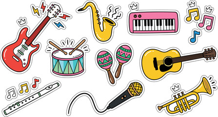 Cute Musical Instruments Sticker Pack with Electric Guitar Drums Saxophone Keyboard Trumpet and Microphone Elements for Concert and Festival Designs © Rashidul