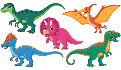 Fototapeta premium Colorful cartoon dinosaurs playing and walking together Vector