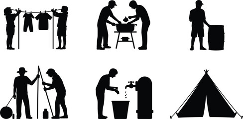 Camping and outdoor activity silhouette vector set, people doing household chores elements isolated graphic illustration © Sohel