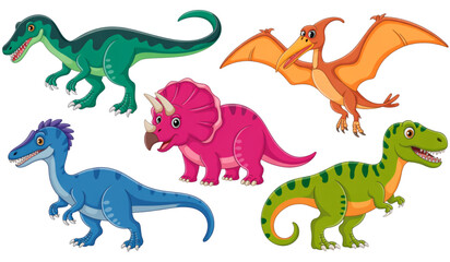 Fototapeta premium Five colorful cartoon dinosaurs walking together in a playful line Vector