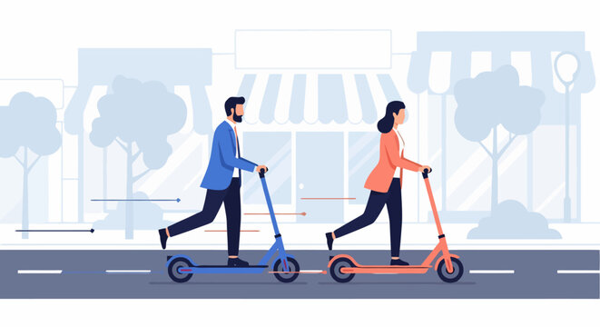 Man and woman riding electric scooters on a city street.