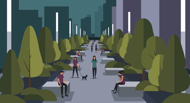 People enjoying a leisurely evening stroll in a modern city park.
