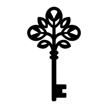 Minimalist Vintage Key with Tree Leaves Handle Vector Illustration