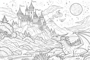 Naklejka premium Dragon guards a mountain castle under a full moon. Mountains rise behind a grand, detailed fortress. Trees and grass surround the rocky landscape