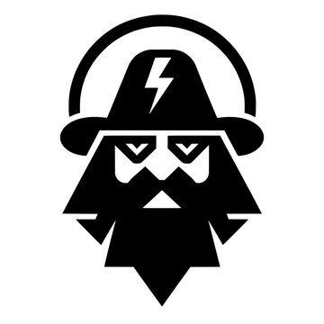 Minimalist vector illustration featuring a bearded wizard head wearing a hat with a lightning bolt symbol.