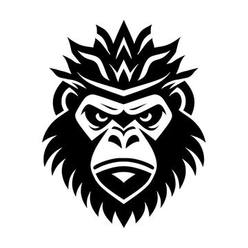 Minimalist vector illustration featuring a fierce gorilla head with a stern expression wearing an abstract crown on top.