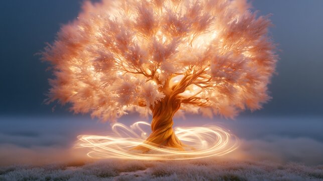 Ethereal glowing fantasy tree with radiant golden leaves and mystical light trails swirling around its ancient gnarled trunk in a serene, misty dreamscape, perfect for spiritual, nature, and magical