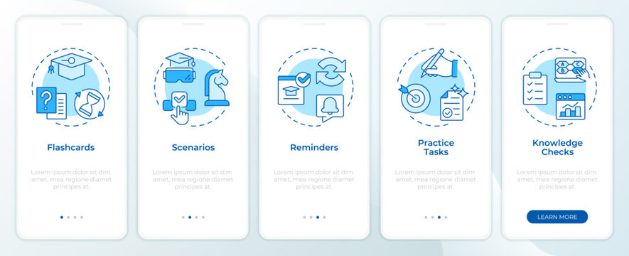 Learning reinforcement methods blue onboarding mobile app screen. Microlearning educational strategy. Gamification. Walkthrough 5 steps editable graphic instructions with linear concepts. UI, UX, GUI