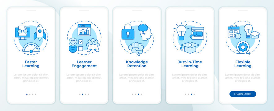 Microlearning benefits blue onboarding mobile app screen. Flexible learning method. Education gamification. Walkthrough 5 steps editable graphic instructions with linear concepts. UI, UX, GUI