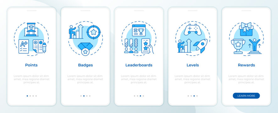 Gamification elements blue onboarding mobile app screen. Microlearning strategy improvement. Innovative education. Walkthrough 5 steps editable graphic instructions with linear concepts. UI, UX, GUI