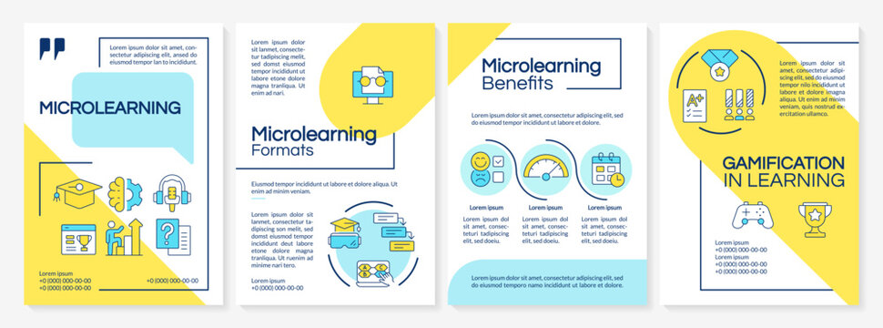 Microlearning blue and yellow brochure layout. Educational strategy. Delivering information in bite-sized modules. Learning method. Leaflet advertising design with color line icons. Editable 4 pages