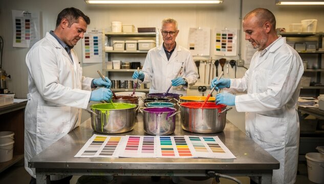Medium shot of technicians carefully blending small batches of offset inks in kettles with color charts for precision in a welllit mixing room.