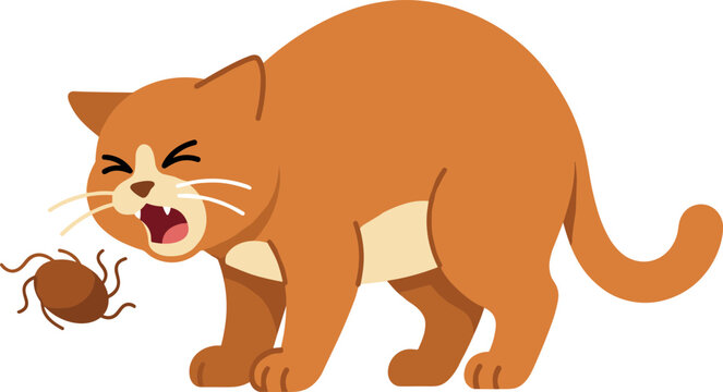 PrintScared Orange Cat Hissing and Arching Back in Fear Near an Insect Bug or Spider Icon for Veterinary and Pet Care Designs
