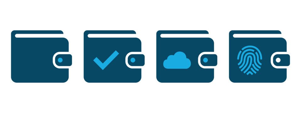 Digital wallet icon set, secure cloud payment and fingerprint verification blue vector icons