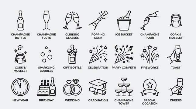 Set of champagne bottle, flute, clinking glasses, ice bucket, pouring, cork muslet, sparkling bubbles, celebration vector icons.