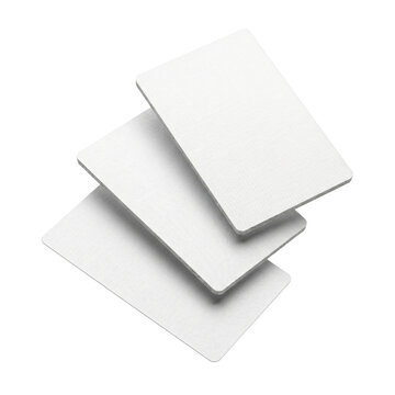Blank white plastic cards mockup, stack of three PVC identification cards, clean corporate membership and gift card template for branding isolated PNG with Transparent Background