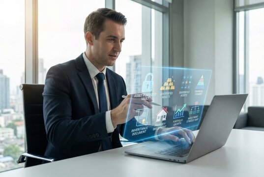 Businessman managing digital asset portfolio with futuristic hologram interface in office