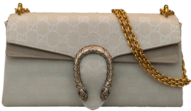 Gucci GG Dionysus monogrammed fabric shoulder bag with a metal clasp featuring two tiger heads and a golden chain.Milan - Italy,29 June 2026