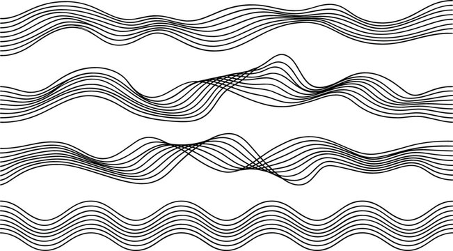 Abstract Black Wavy Line Set with Parallel Curving Stripes and Graphic Ripple Patterns for Modern Technical Design, Web Backgrounds, and Minimalist Vector Layouts
