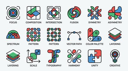 Fototapeta premium Set of professional graphic design concept icons vector collection featuring color palettes tools layering typography unity and creative artistic layout elements.