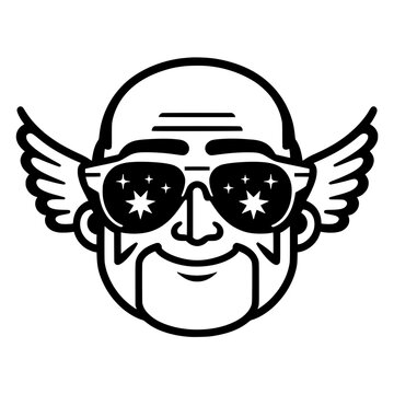 Cool Bald Man Character Vector Illustration Wearing Star Sunglasses with Wings