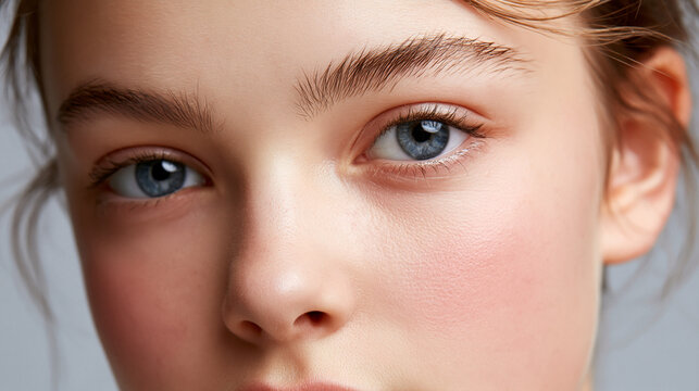 Nahaufnahme eines Gesichts mit blauen Augen und reiner Haut