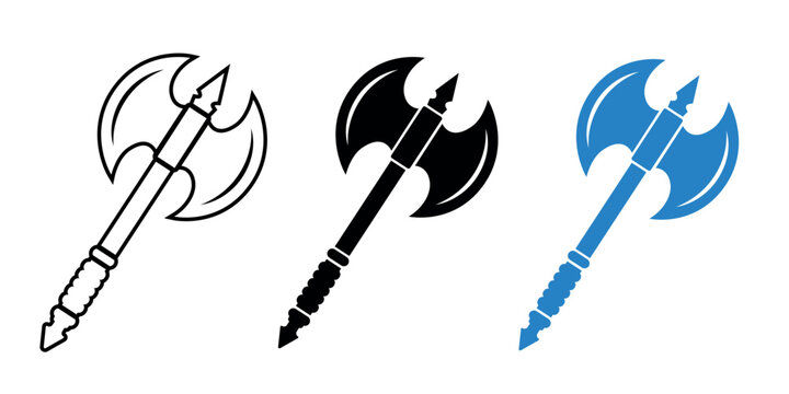Medieval battle axe icon set, viking warrior weapon outline and silhouette vector icons