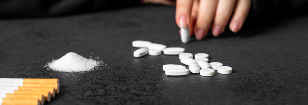 Conceptual image representing addiction to psychotropic medication and narcotics, portraying dependency, mental health struggle, substance abuse, and the impact on daily life and well-being.