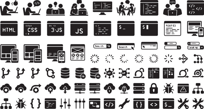 Set of 70 Black Programming and Web Development Vector Icons isolated PNG with Transparent Background