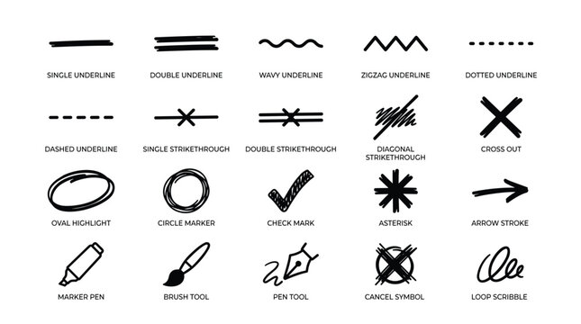 Set of text editing proofreading marks and annotation symbols featuring underlines strikethrough check marks and artistic drawing tools in vector graphics style.