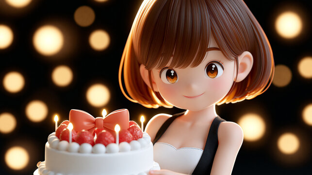 Illustriertes M&auml;dchen mit kurzem Haar h&auml;lt Torte mit Erdbeeren vor Lichtern.