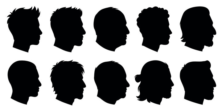 Male head profile silhouette set, men hairstyle side view and face portrait icons