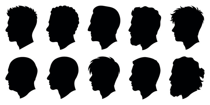 Men side profile silhouette set, male short hairstyle head portrait and barber icons