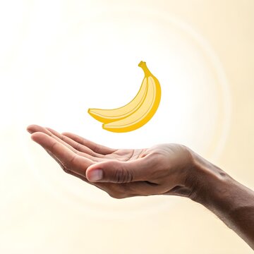 Floating Banana Line Icon Above Open Hand on Soft Yellow Background