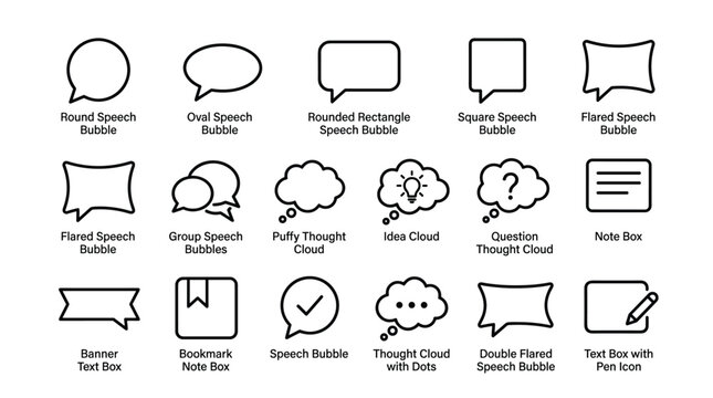 Speech bubbles collection: round, oval, rounded rectangle, square, flared, group, puffy thought, idea cloud, question thought, note box.