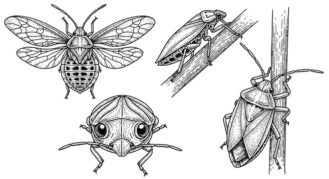 Black and White Illustration of Various Stink Bugs