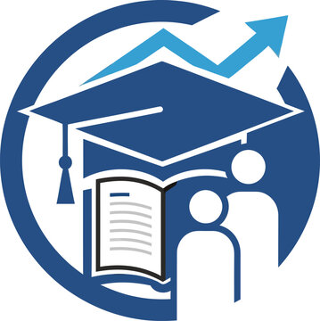 Graduation cap icon with book and person in circle graph