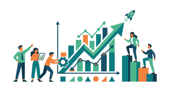 Business growth illustration team collaboration data analysis and successful rocket launch concept