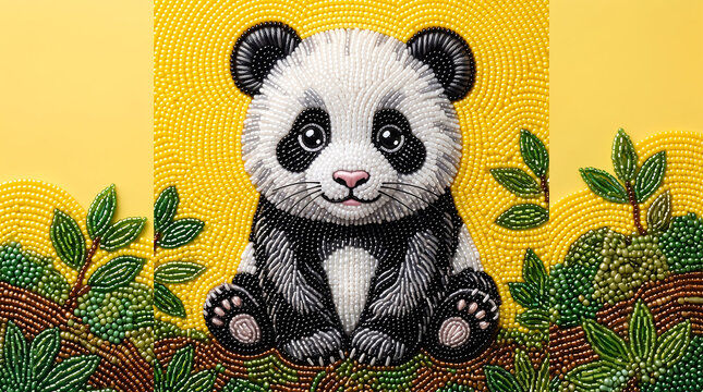 Beaded panda bear sitting on grass with leaves and yellow background  cute animal made of beads
