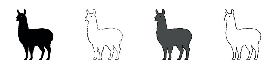 Fototapeta premium Collection of llama icons in various styles: solid black, outline, and gray silhouette
