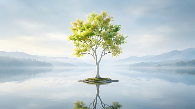 A lone tree on a small island in a serene lake with mountains in the background and foggy atmosphere