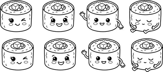Cute Cartoon Sushi Roll Character Line Art Vector Set with Kawaii Expressions Waving Hands and Poses for Children Coloring Pages and Sticker Designs © Borsha