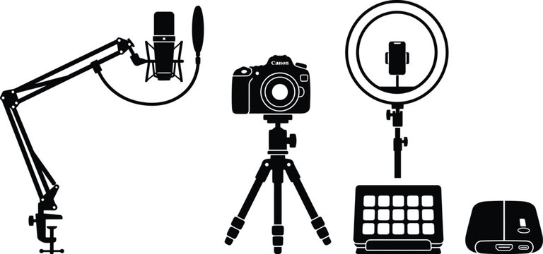 Black Silhouettes Of Photography And Streaming Equipment On White Background